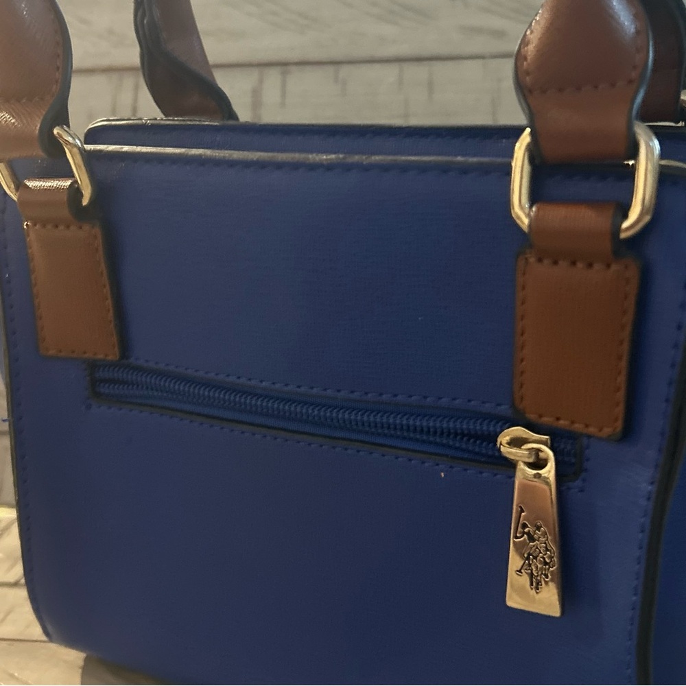 U.S. Polo Assn Satchel Handbag Blue w/Green Stripe Brown Handles Gold Hardware - Picture 12 of 14